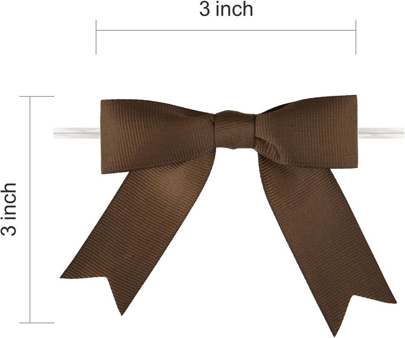 Meseey 50 Pcs 3 Inches Grosgrain Ribbon Twist Tie Bows Brown Pretied Bows Premade Craft Bows for Treat Bags Gift Wrapping Basket Wedding Baby Shower Brithday Valentine's Day Christmas Party (Brown) - Image 2